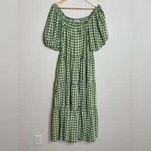 Green Gingham Off-Shoulder Tiered Maxi Dress with Puff Sleeves
